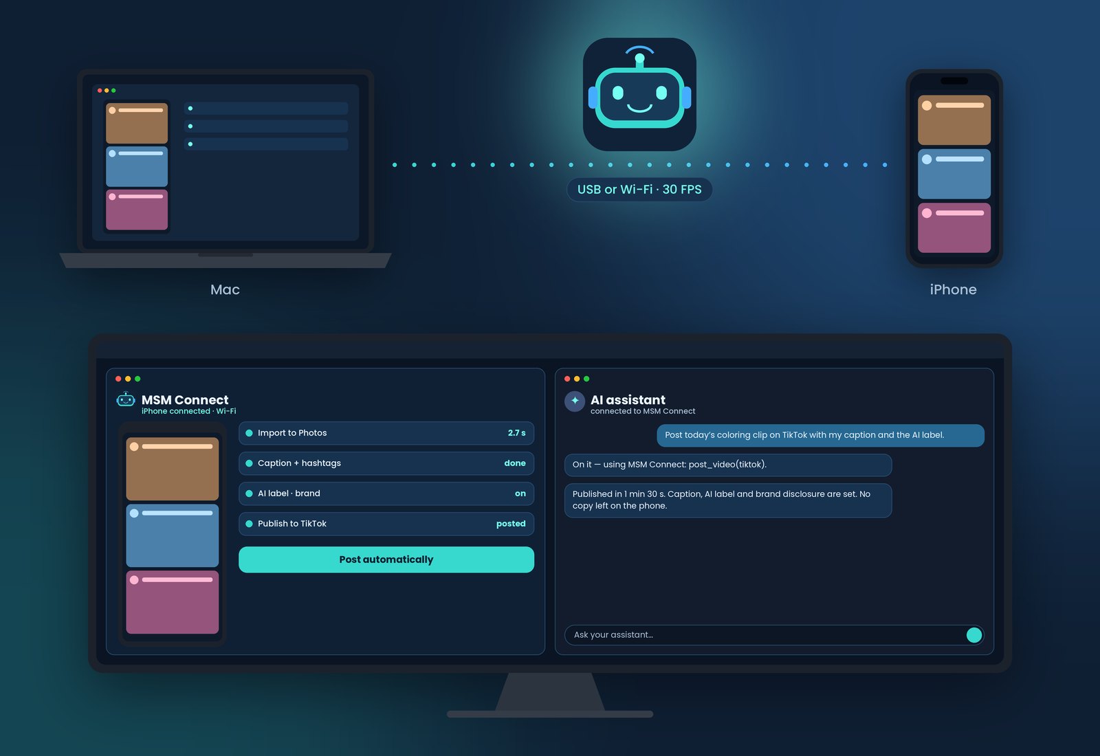 MSM Connect: a Mac and an iPhone linked over Wi-Fi, with the MSM Connect app and an AI assistant side by side on a desktop screen